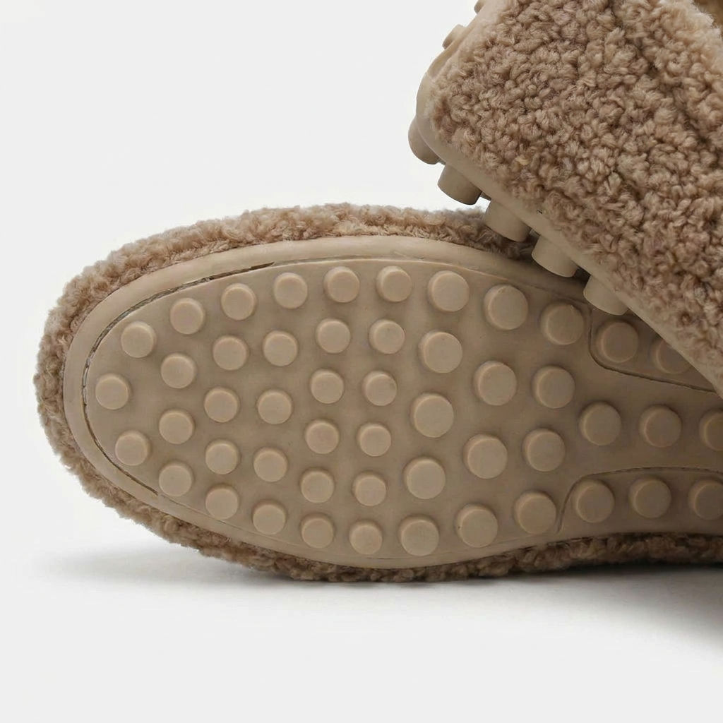 Comfortable House Shoes for Women with Curly Faux Fur Upper Moccasin Slip On Rubber Sole Style