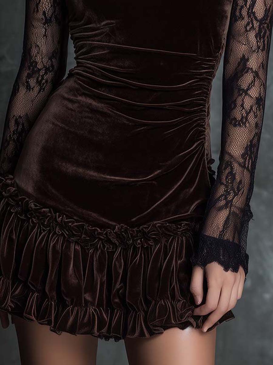 Elegant Chocolate Velvet Mini Dress for Women with High Neck Lace Long Sleeve Ruched Bodycon Style