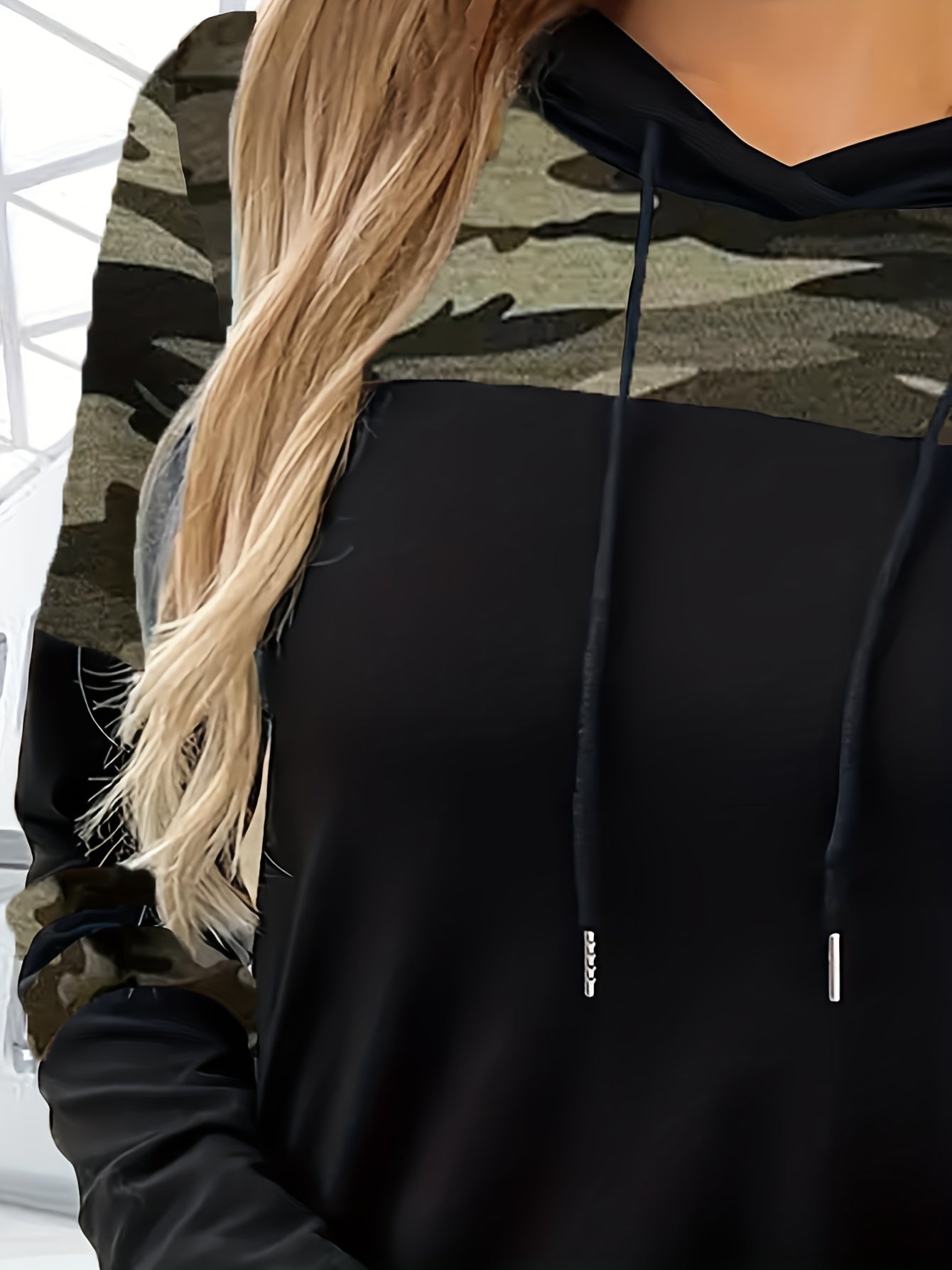 Effortless Camo Colorblock Hoodie for Women with Drawstring Hood Long Sleeve Relaxed Casual Style