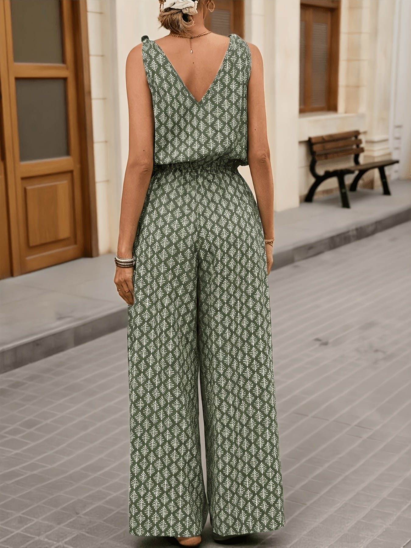 Effortless Olive Green Printed Jumpsuit for Women with V Neck Button Front Wide Leg Bohemian Style