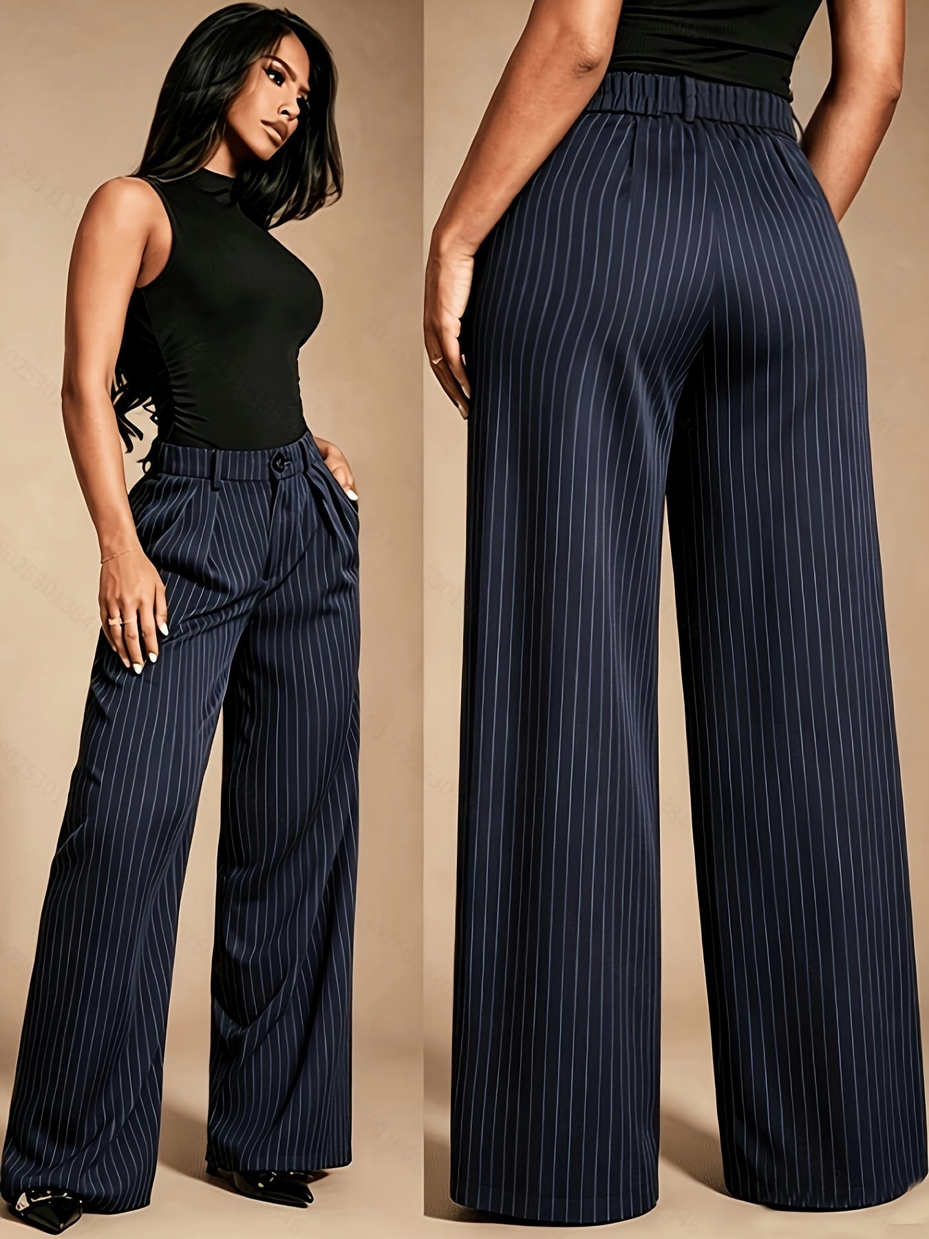 Elegant Navy Pinstripe Wide Leg Trousers for Women with High Waist Pleated Tailored Style