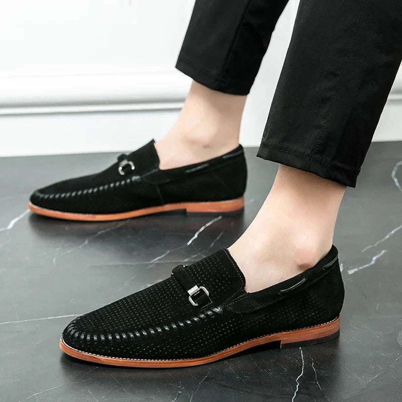 Elegant Suede Loafer for Women with Perforated Horsebit Buckle Hand Stitched Casual Style