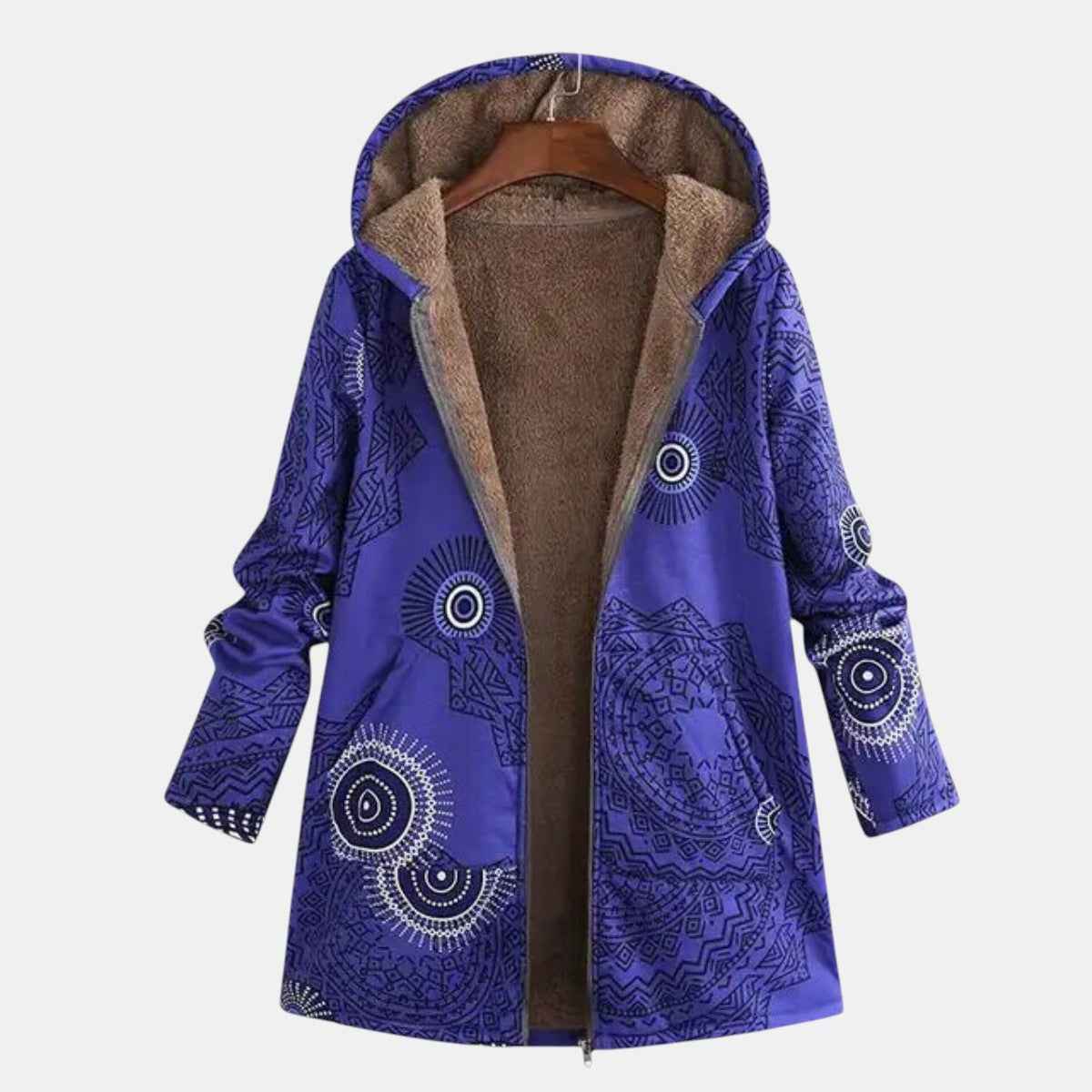 Comfortable Blue Tribal Print Sherpa Lined Jacket for Women with Hooded Long Sleeve Zip Front Casual Style