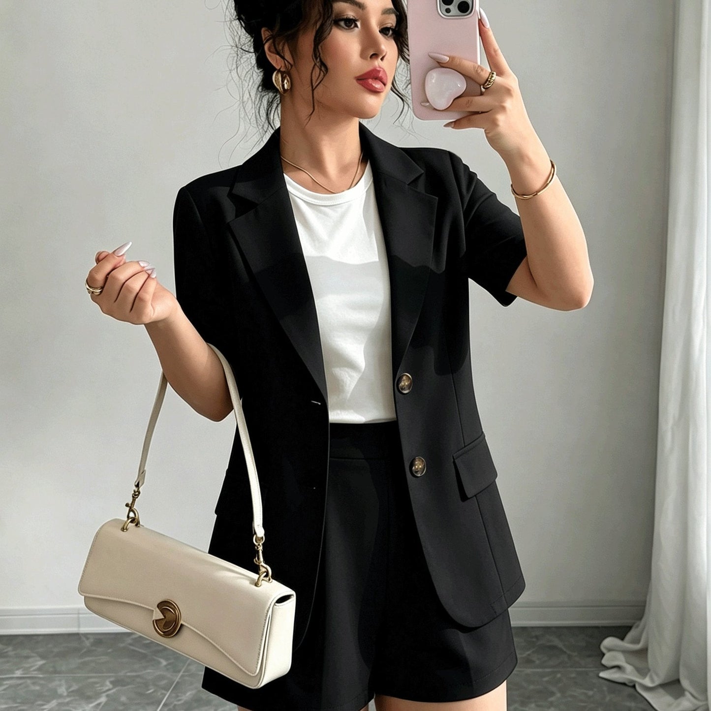 Elegant Tailored Short Suit for Women with Notched Lapel Half Sleeve Button Front Blazer Two Piece Style
