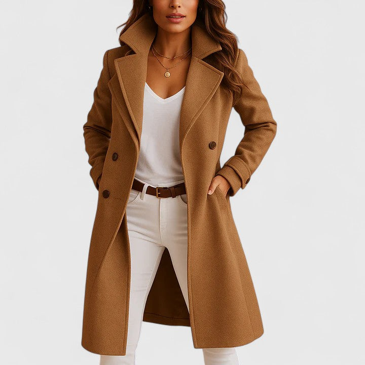 Elegant Wool Pea Coat for Women with Notch Lapel Long Sleeve Tailored Longline Style