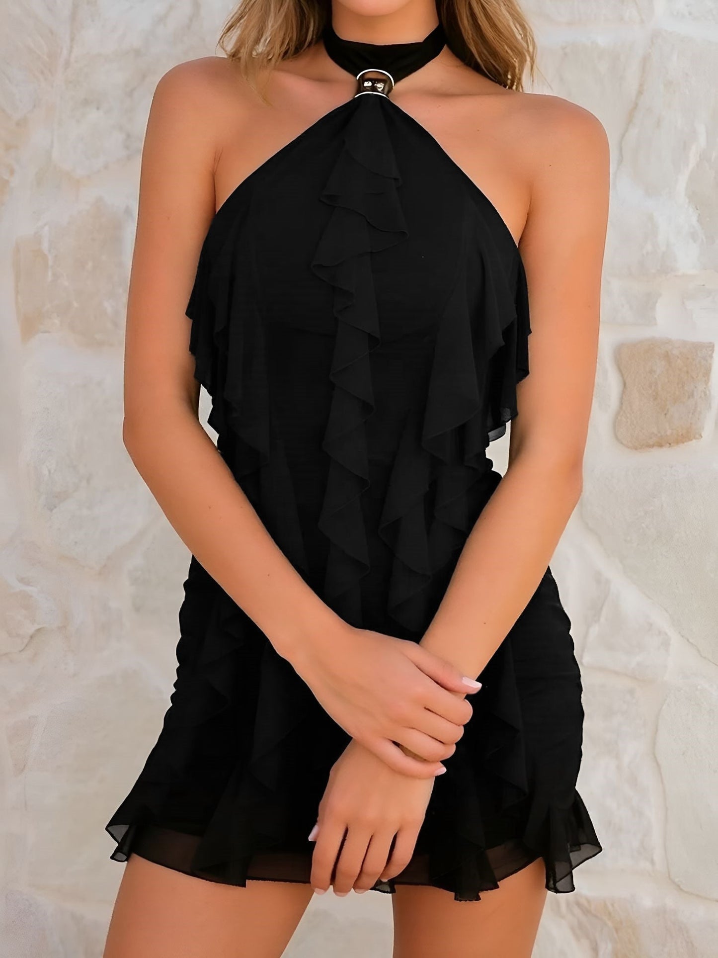 Elegant Bodycon Dress for Women with Halter Neck Tiered Ruffle Mini Style