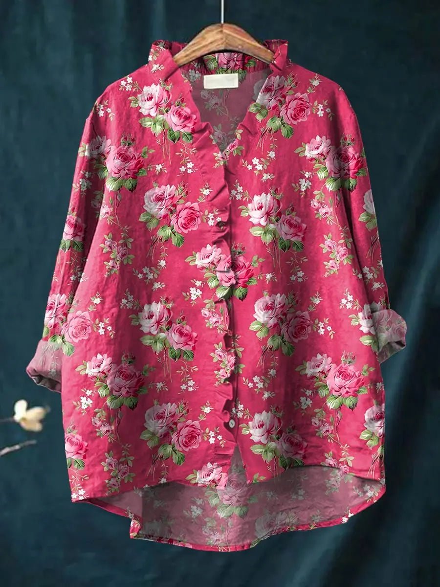 Elegant Pink Floral Blouse for Women with Ruffled V Neck Long Sleeve Button Front High Low Style