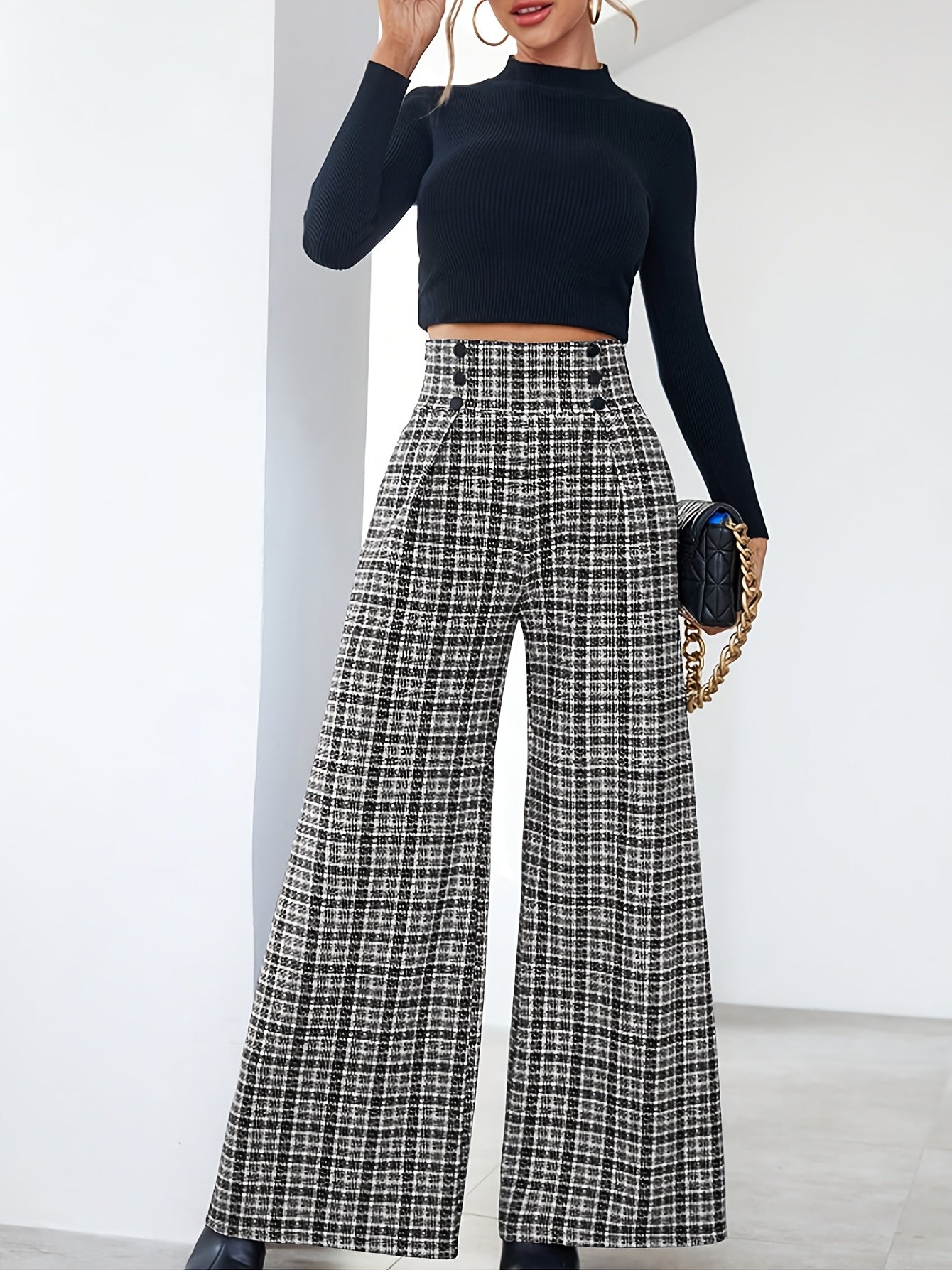 Elegant Multicolor Plaid Wide Leg Pants for Women with High Waist Button Front Pleated Casual Style