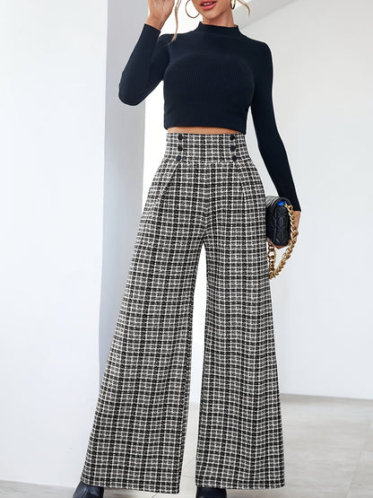 Elegant Multicolor Plaid Wide Leg Pants for Women with High Waist Button Front Pleated Casual Style