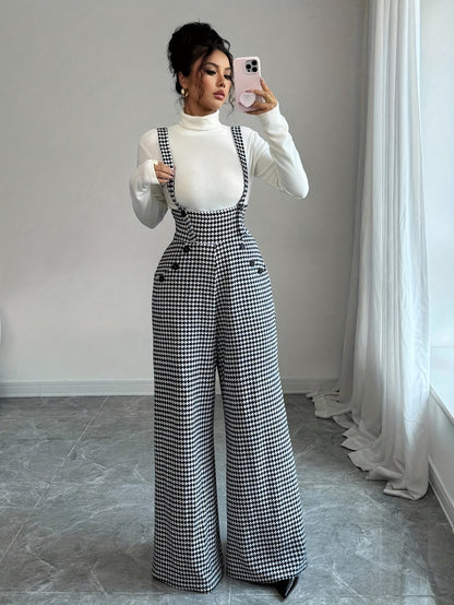 Elegant Houndstooth Wide Leg Overalls for Women with Square Neck Sleeveless High Waist Button Front Relaxed Style