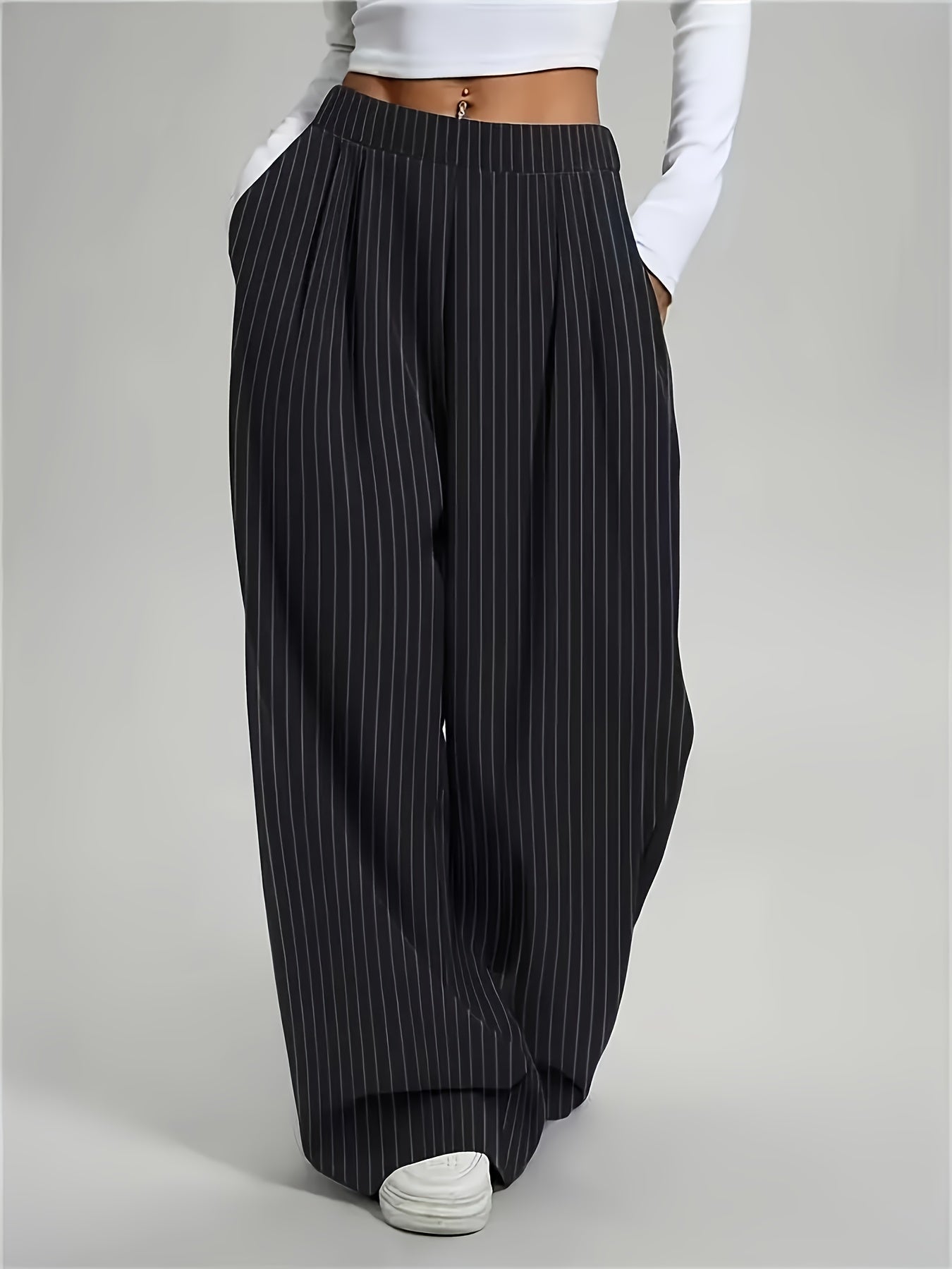 Elegant Black Pinstripe Wide Leg Pants for Women with High Waist Pleated Front Tailored Style