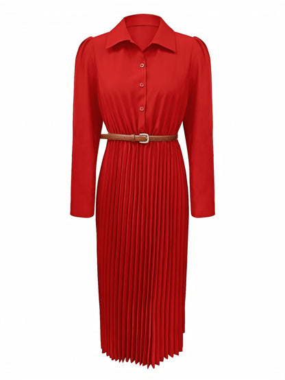 Elegant Pleated Shirt Dress for Women with Collar Long Sleeve Belted Flowing Style