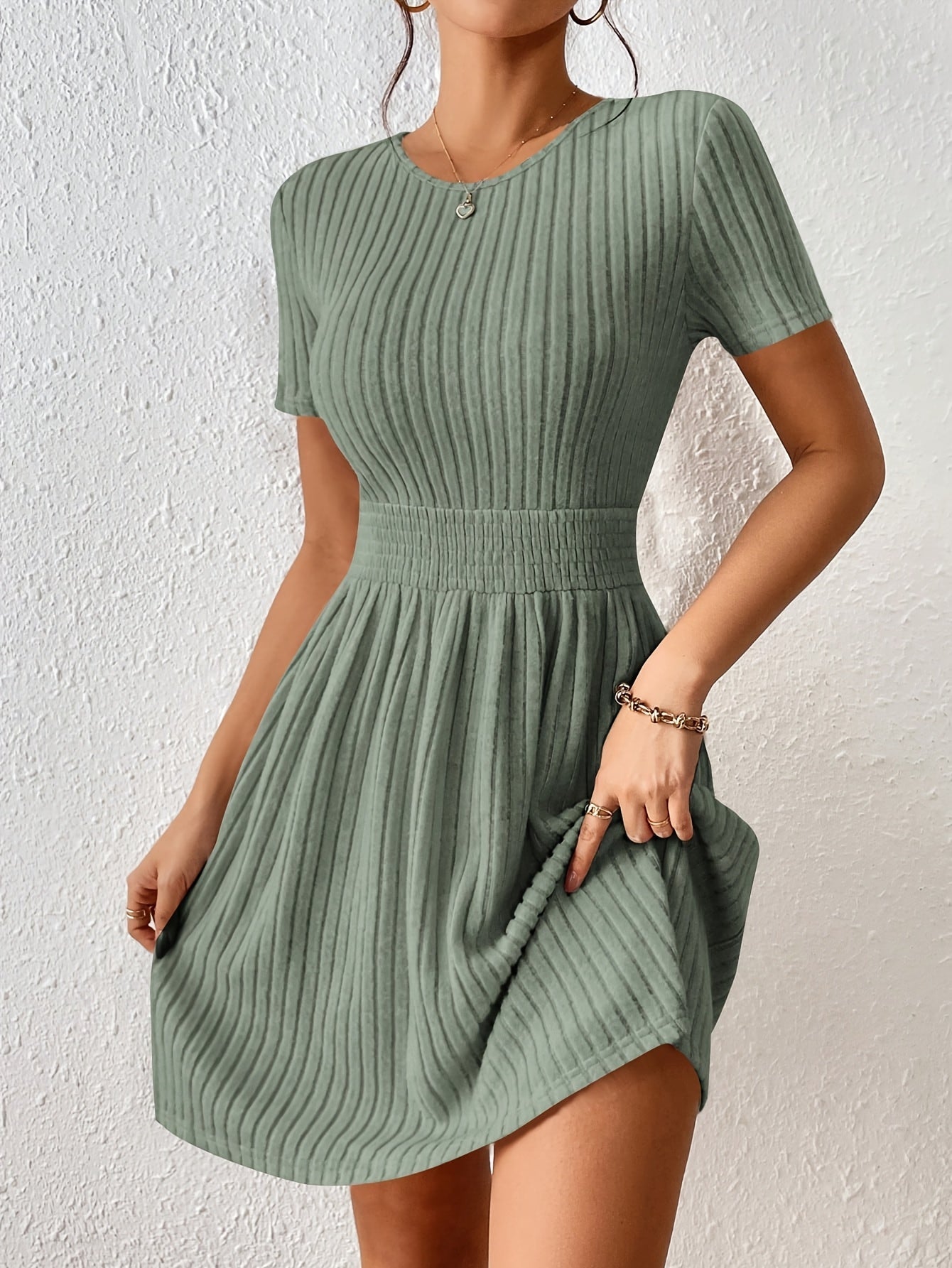 Comfortable Ribbed Knit Fit and Flare Mini Dress for Women with Round Neck Short Sleeve Smocked Waist Casual Style