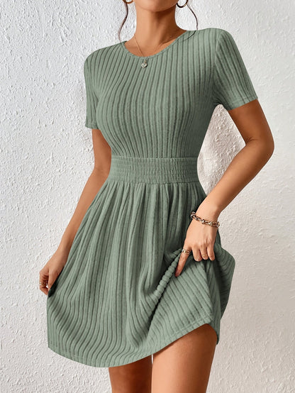 Comfortable Ribbed Knit Fit and Flare Mini Dress for Women with Round Neck Short Sleeve Smocked Waist Casual Style