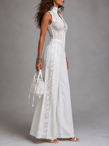 Elegant White Jumpsuit for Women with V-Neck Sleeveless Wide Leg Palazzo Style