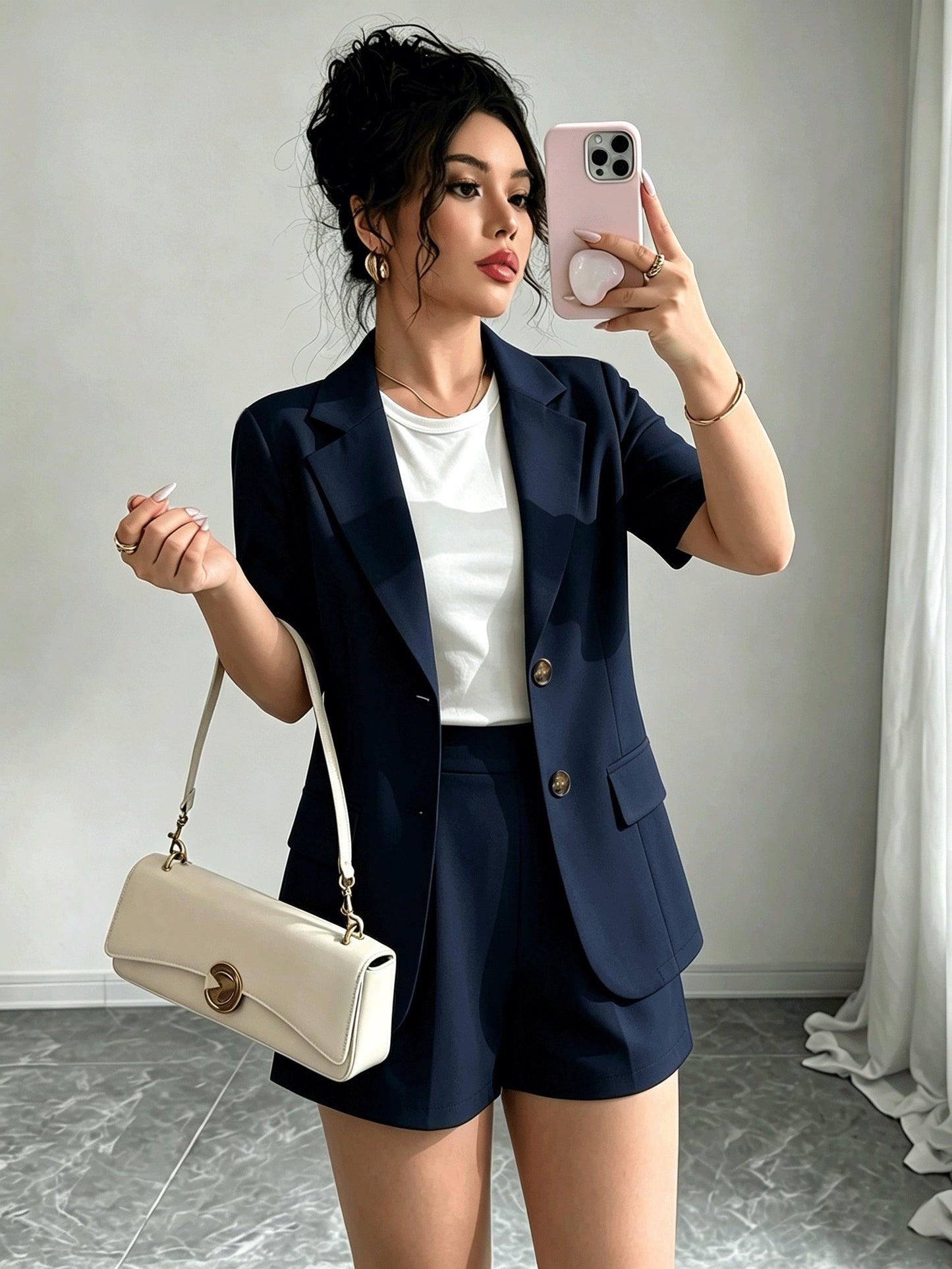 Elegant Tailored Short Suit for Women with Notched Lapel Half Sleeve Button Front Blazer Two Piece Style