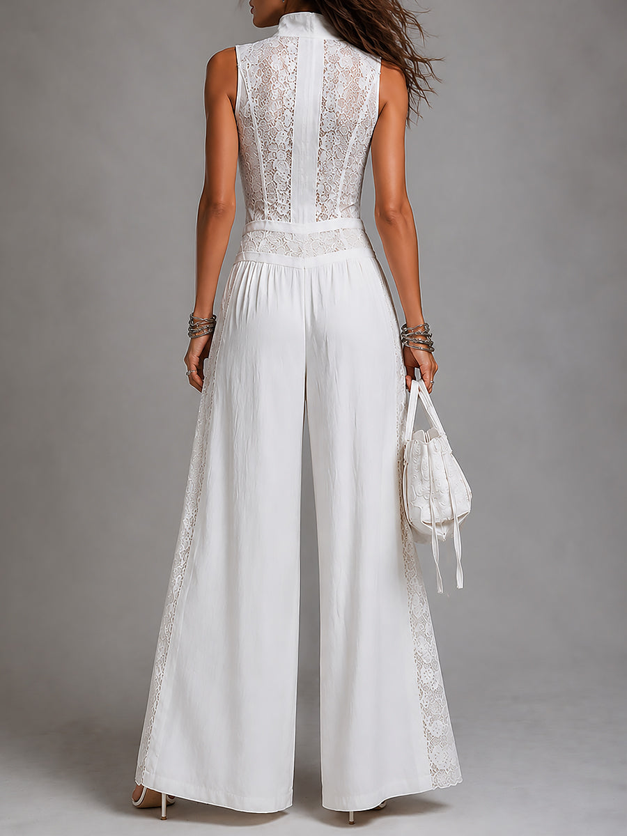 Elegant White Jumpsuit for Women with V-Neck Sleeveless Wide Leg Palazzo Style