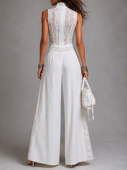 Elegant White Jumpsuit for Women with V-Neck Sleeveless Wide Leg Palazzo Style