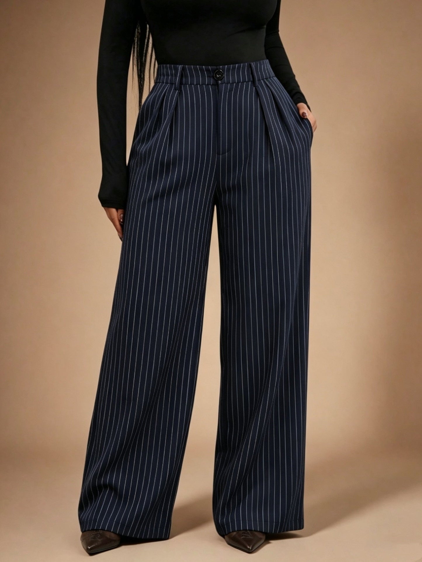 Elegant Navy Pinstripe Wide Leg Trousers for Women with High Waist Pleated Tailored Style