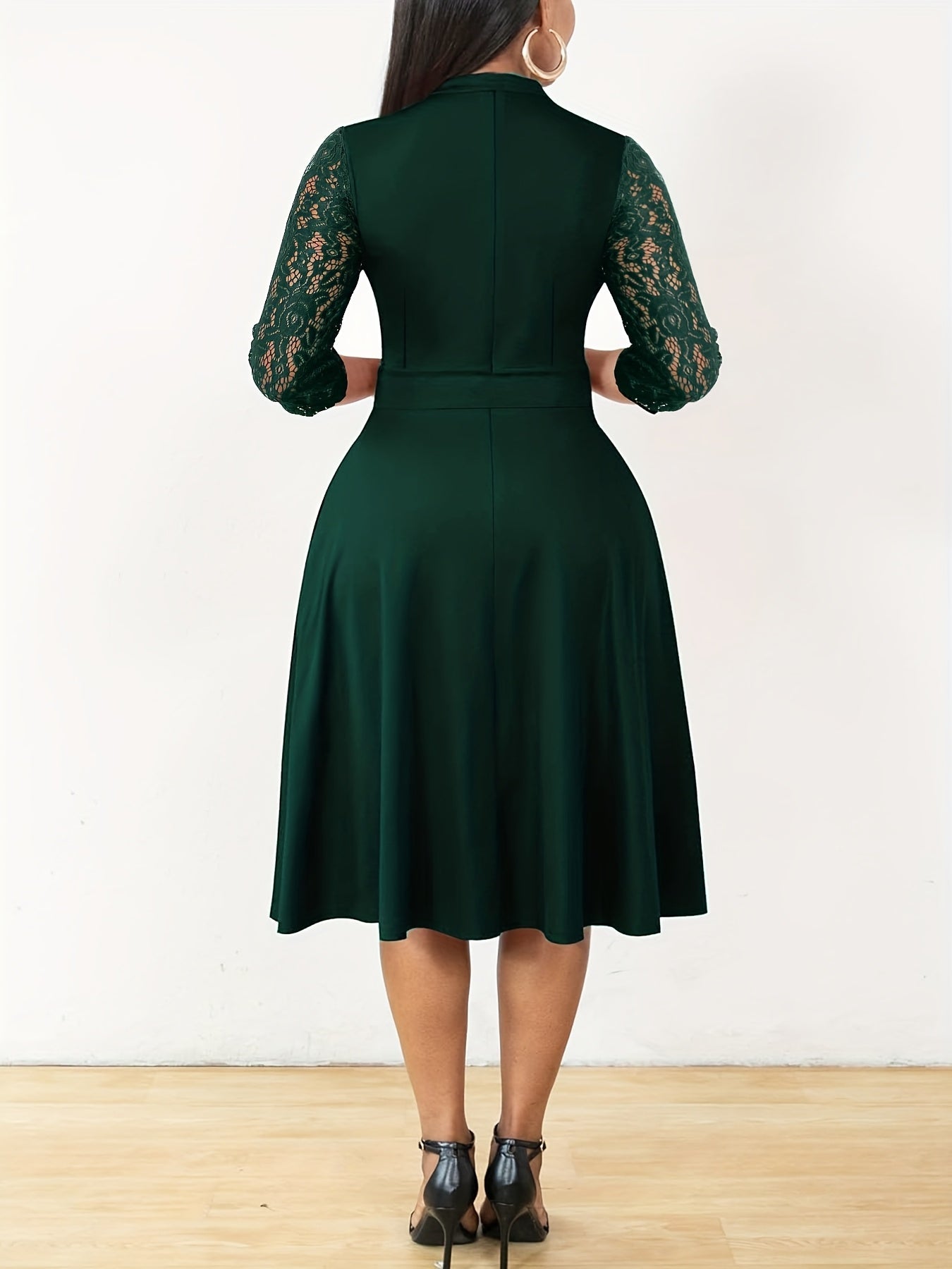Elegant Lace Sleeve Midi Dress for Women with V Neck Fit and Flare Cocktail Style