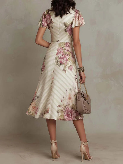 Elegant Ivory Floral Midi Dress for Women with V Neck Flutter Sleeve Ruched Wrap Flowing Wedding Guest Style