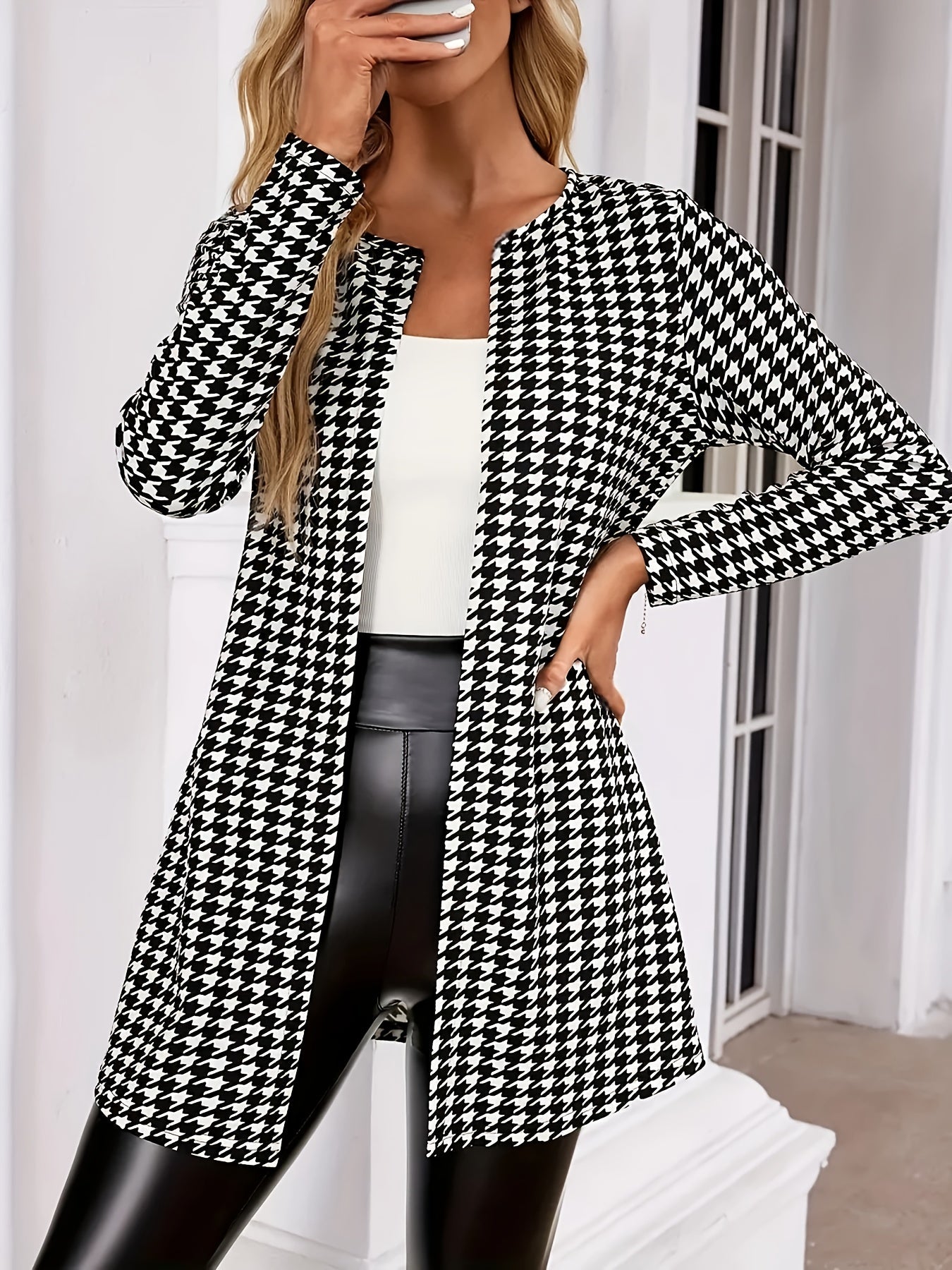 Elegant Houndstooth Print Cardigan for Women with Open Front Long Sleeve Longline Duster Style