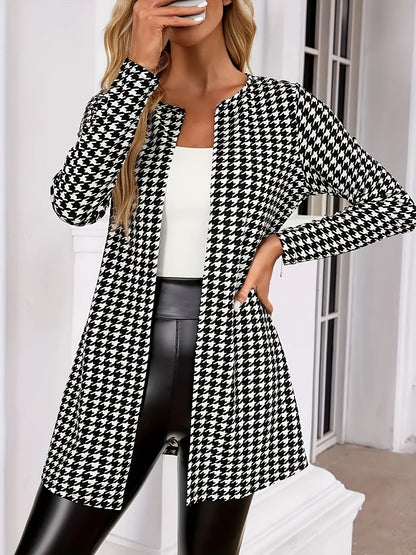 Elegant Houndstooth Print Cardigan for Women with Open Front Long Sleeve Longline Duster Style
