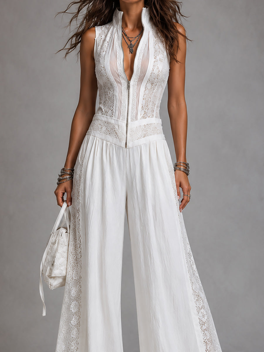 Elegant White Jumpsuit for Women with V-Neck Sleeveless Wide Leg Palazzo Style
