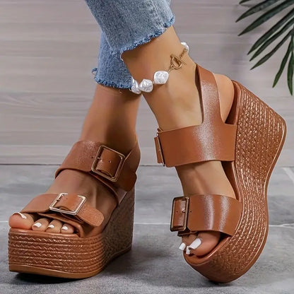Comfortable Brown Wedge Sandals for Women with Double Buckle Strap Espadrille Platform Open Toe Style