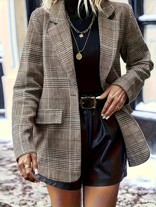 Effortless Plaid Blazer for Women with Notched Lapel Long Sleeve Oversized Relaxed Style