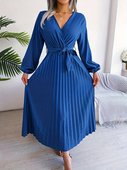 Elegant Pleated Wrap Maxi Dress for Women with V Neck Bishop Sleeve Belted Flowing Style