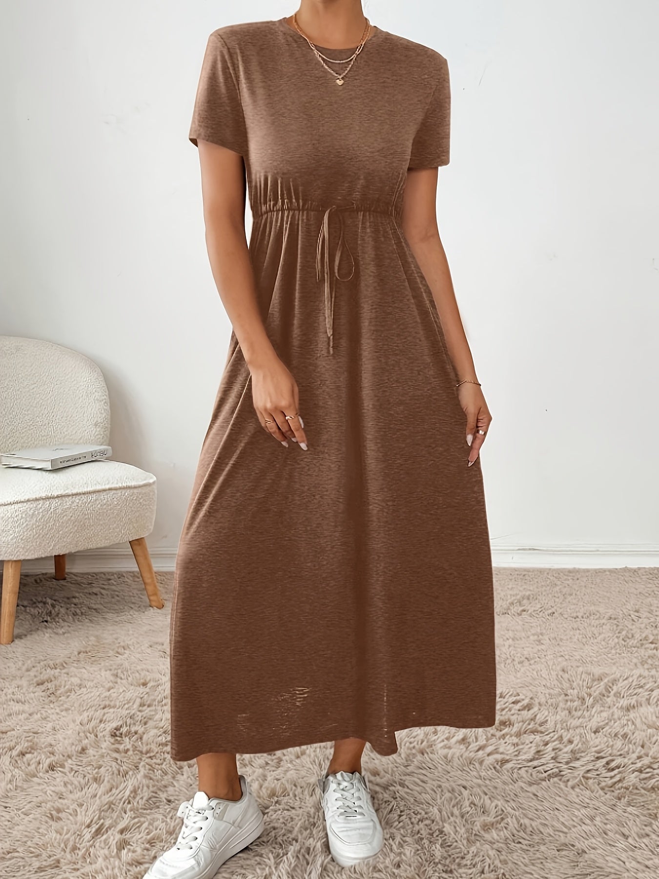 Effortless Drawstring Maxi Dress for Women with Round Neck Short Sleeve Cinched Waist Flowing Casual Style