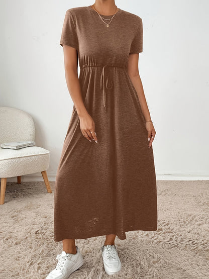 Effortless Drawstring Maxi Dress for Women with Round Neck Short Sleeve Cinched Waist Flowing Casual Style