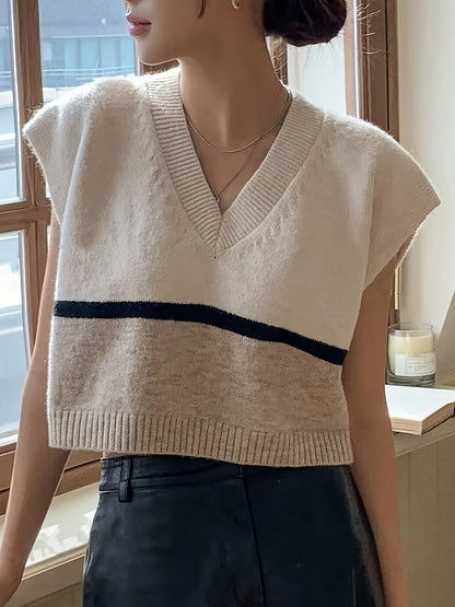 Elegant Apricot Colorblock Sweater Vest for Women with V Neck Sleeveless Cropped Oversized Knit Style