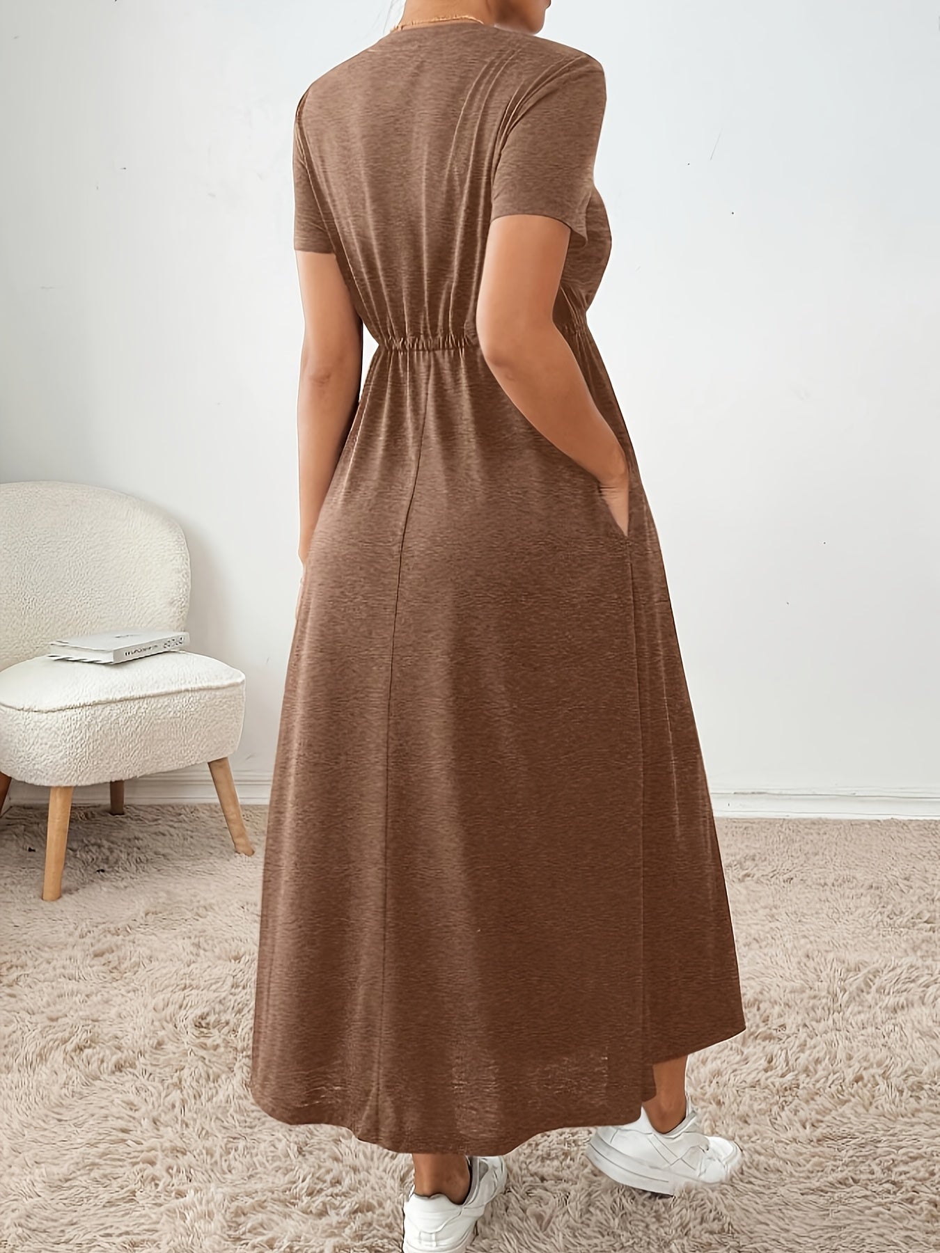 Effortless Drawstring Maxi Dress for Women with Round Neck Short Sleeve Cinched Waist Flowing Casual Style
