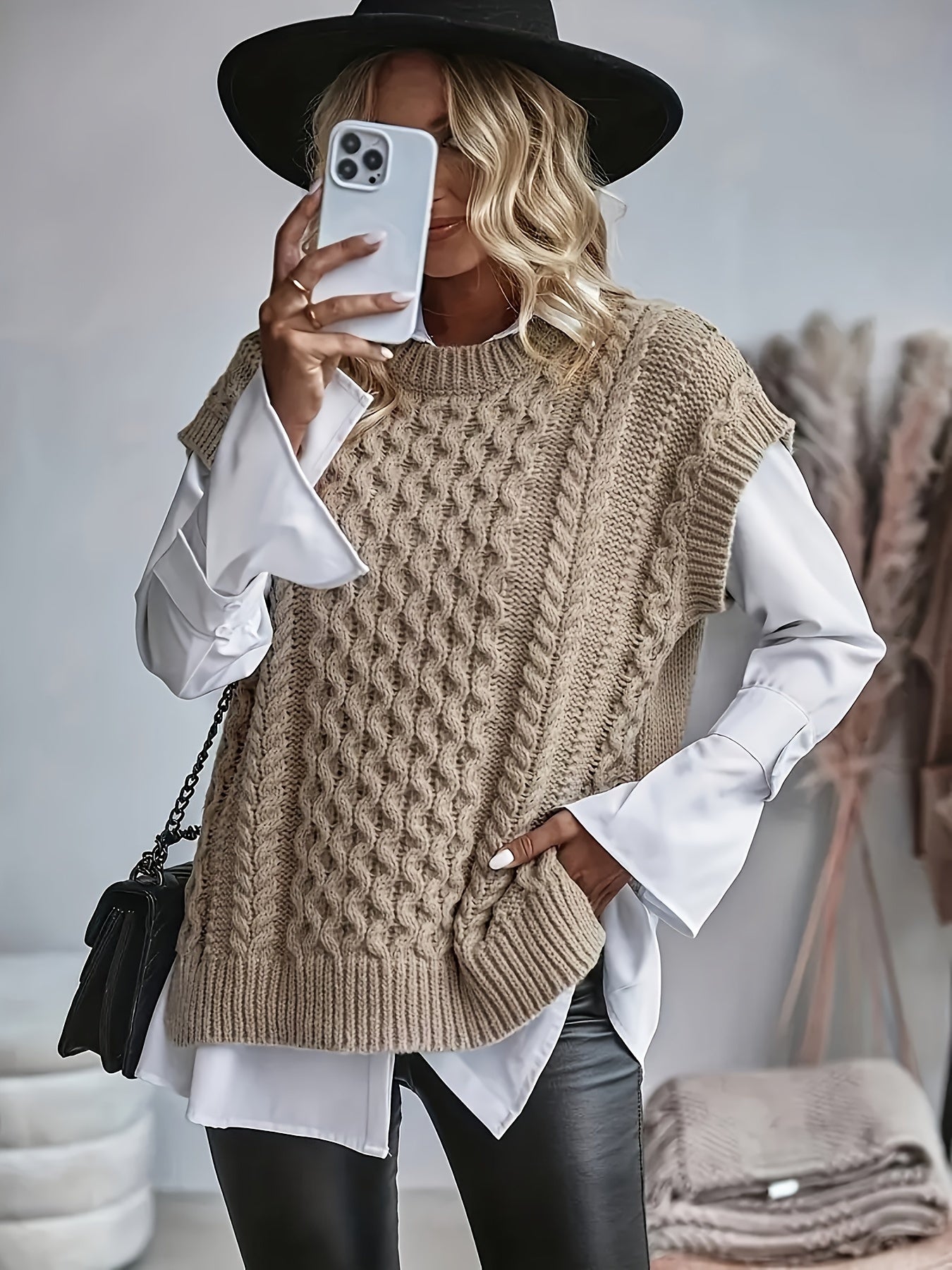 Comfortable Cable Knit Sweater Vest for Women with Crew Neck Sleeveless Oversized Relaxed Knit Style