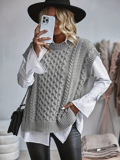 Comfortable Cable Knit Sweater Vest for Women with Crew Neck Sleeveless Oversized Relaxed Knit Style