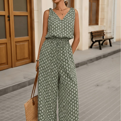 Effortless Olive Green Printed Jumpsuit for Women with V Neck Button Front Wide Leg Bohemian Style