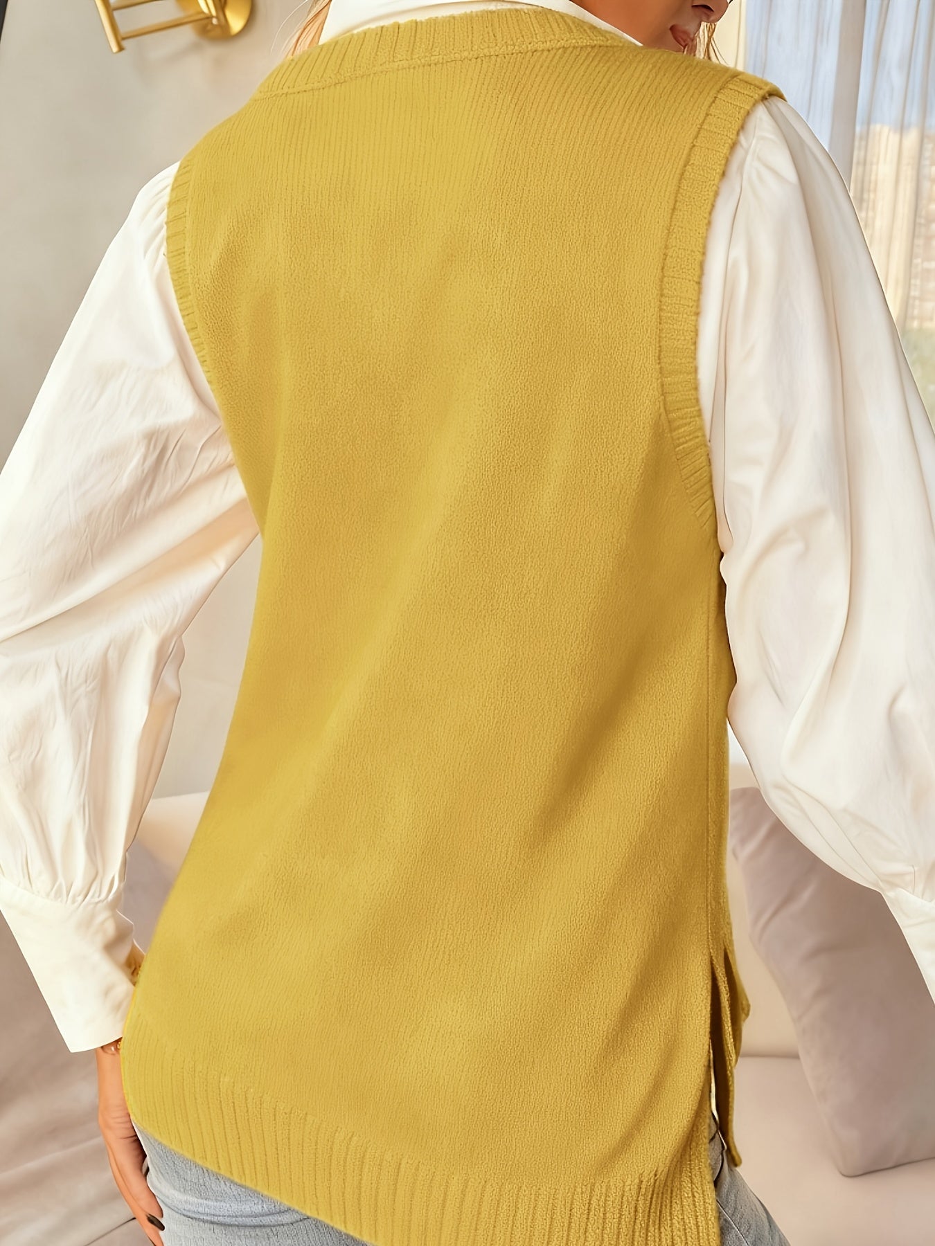 Comfortable Ribbed Knit Sweater Vest for Women with V Neck Sleeveless Relaxed Side Slit Casual Style