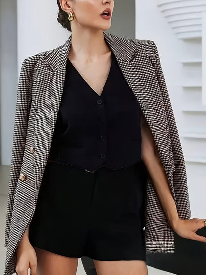 Elegant Coffee Brown Houndstooth Blazer for Women with Notch Lapel Long Sleeve Double Breasted Oversized Style
