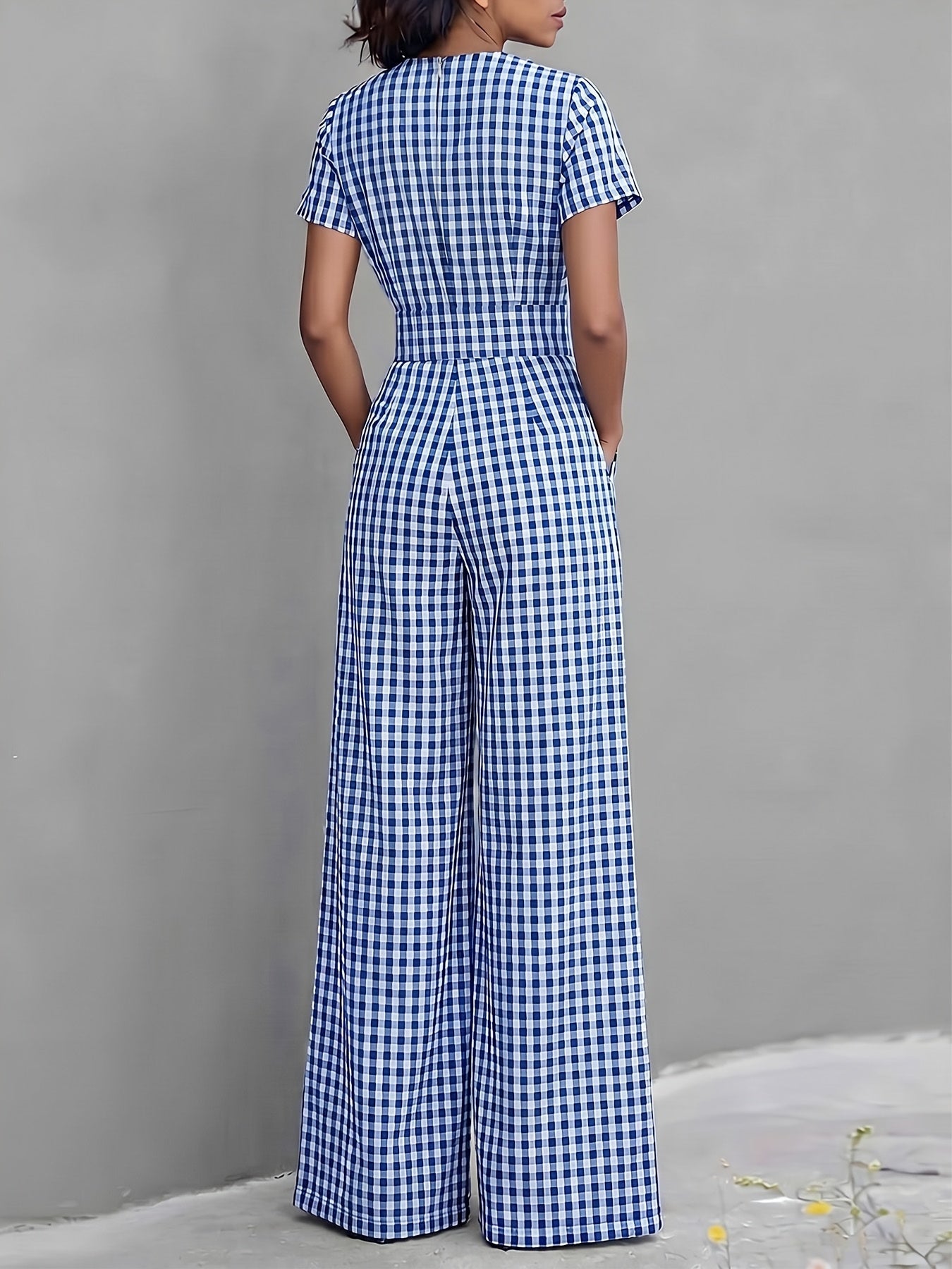Effortless Gingham Wide Leg Jumpsuit for Women with V Neck Short Sleeve Pleated Pocket Casual Style