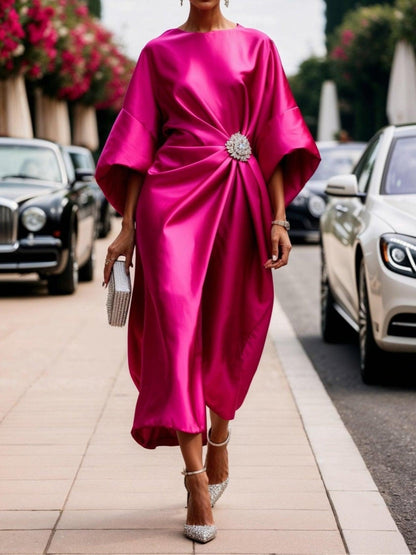 Elegant Satin Midi Dress for Women with Round Neck Kimono Sleeve Ruched Brooch Formal Wedding Guest Style