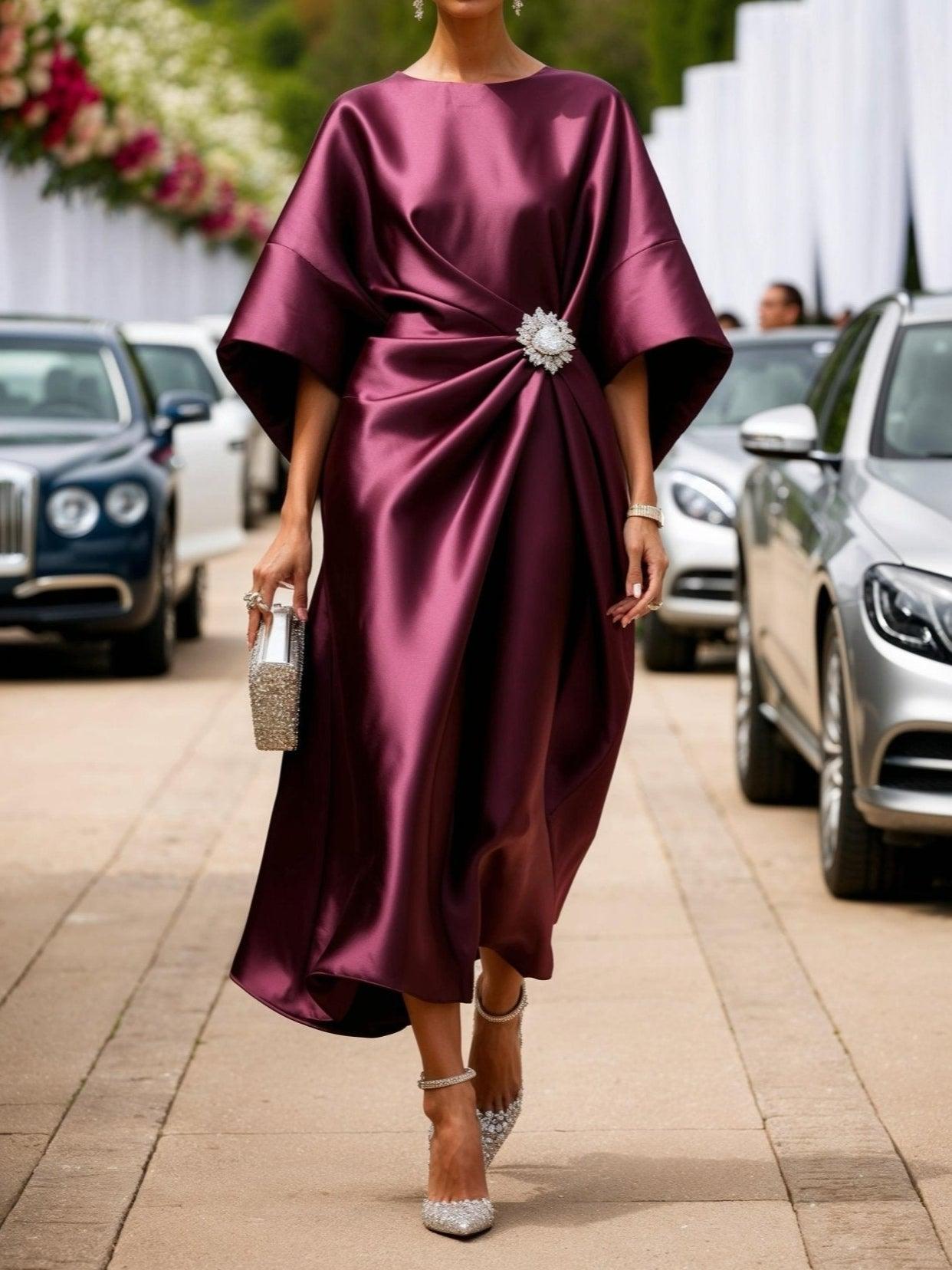 Elegant Satin Midi Dress for Women with Round Neck Kimono Sleeve Ruched Brooch Formal Wedding Guest Style