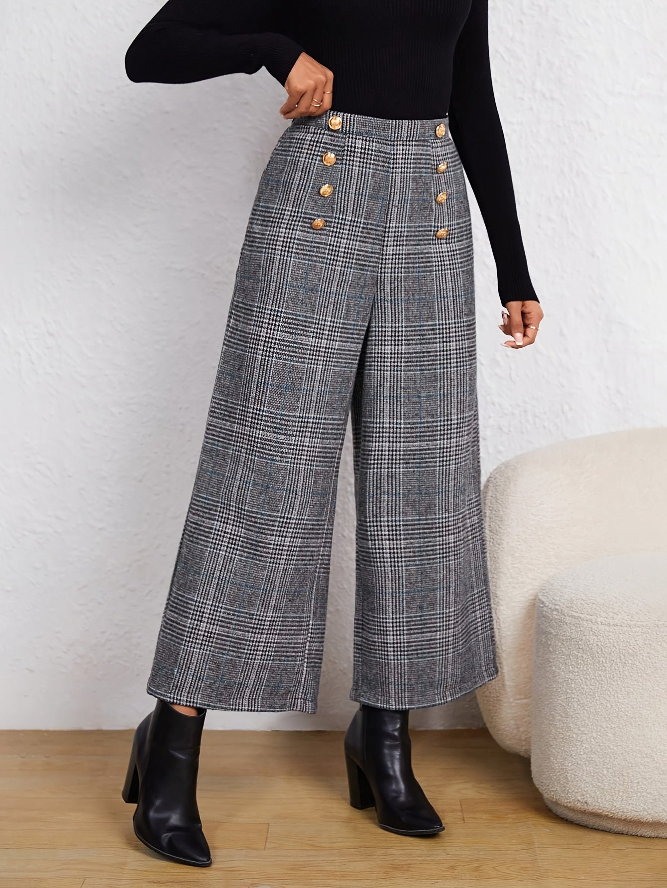 Elegant Grey Houndstooth Wide Leg Pants for Women with High Waist Button Front Tailored Style