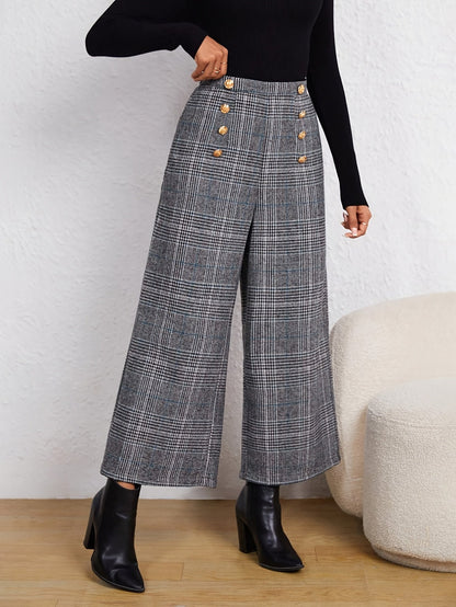Elegant Grey Houndstooth Wide Leg Pants for Women with High Waist Button Front Tailored Style