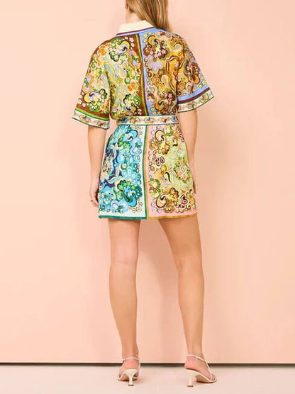 Elegant Multicolor Paisley Print Mini Dress for Women with Collar Short Sleeve Belted Retro Style