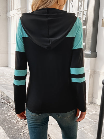 Effortless Colorblock Hoodie Top for Women with Drawstring Hood Long Sleeve Striped Cuff Casual Style