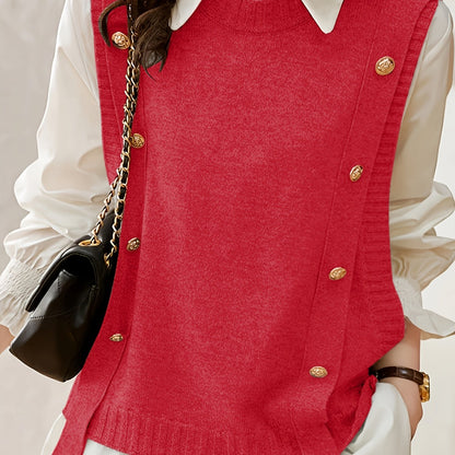 Comfortable Knit Sweater Vest for Women with Round Neck Sleeveless Button Front Ribbed Trim Style
