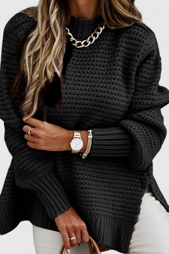 Comfortable Chunky Knit Sweater for Women with High Neck Long Sleeve Oversized Ribbed Cuff Style