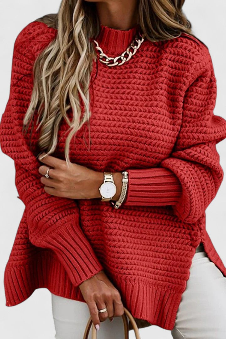 Comfortable Chunky Knit Sweater for Women with High Neck Long Sleeve Oversized Ribbed Cuff Style